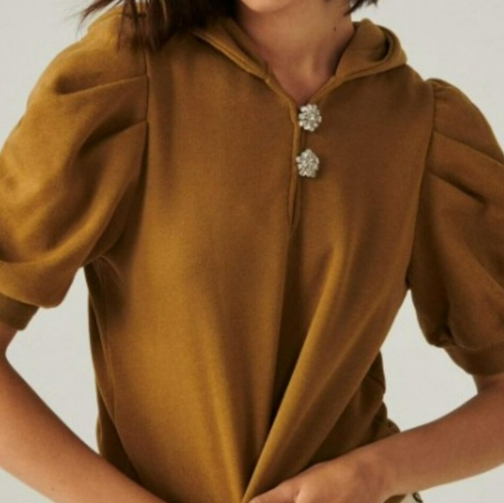 Ba&Sh Dylia Golden Brown Luxury Jeweled Super Soft Puff Sleeve Hoodie